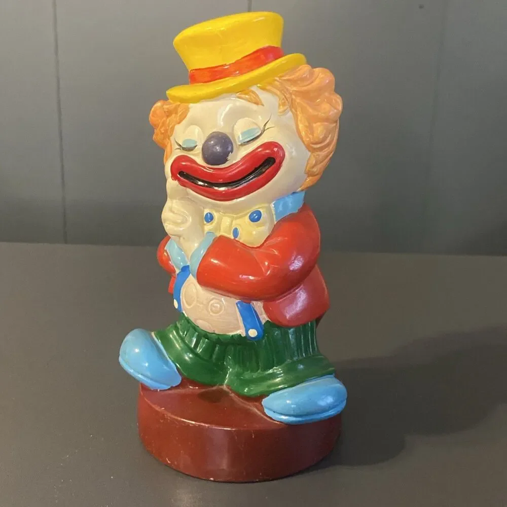 Vintage Clown Plastic Coin Piggy Bank Made in Taiwan 7” Tall Colorful Smiling